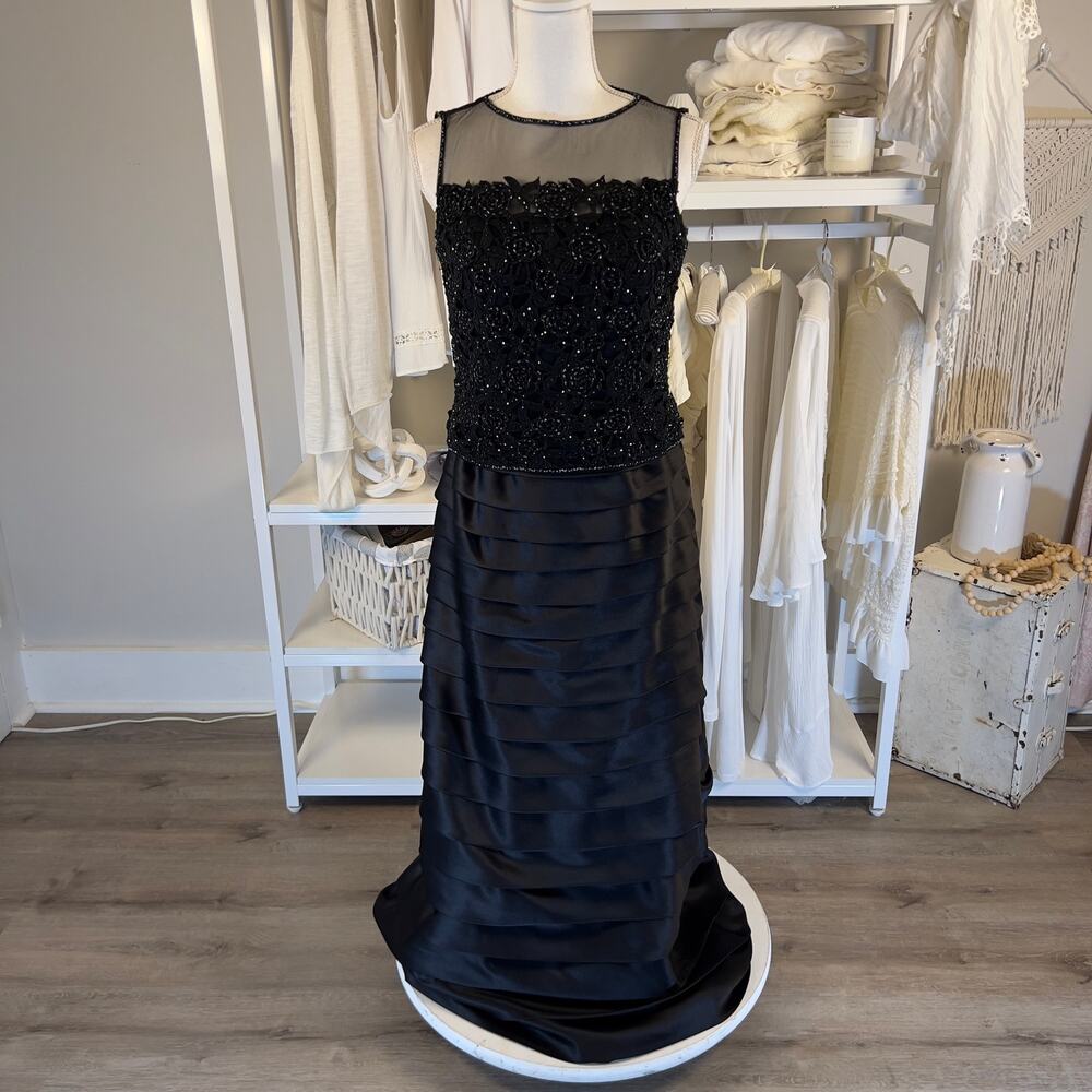 Montage by Mon Cheri Black Beaded Illusion Neck Midi Dress